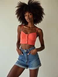 woman wearing crop top and denim shorts  in try on fashion shoot for Zara Shein H&M