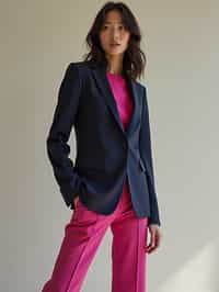 woman wearing navy colopink pants suit  in try on fashion shoot for Zara Shein H&M