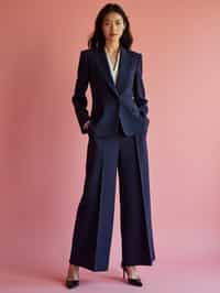 woman wearing navy colopink pants suit  in try on fashion shoot for Zara Shein H&M