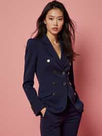 woman wearing navy colopink pants suit  in try on fashion shoot for Zara Shein H&M