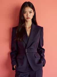 woman wearing navy colopink pants suit  in try on fashion shoot for Zara Shein H&M