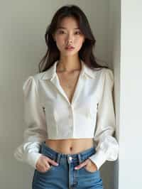 woman wearing white cropped blouse and denim jeans  in try on fashion shoot for Zara Shein H&M