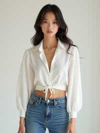 woman wearing white cropped blouse and denim jeans  in try on fashion shoot for Zara Shein H&M