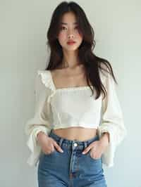 woman wearing white cropped blouse and denim jeans  in try on fashion shoot for Zara Shein H&M