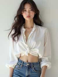 woman wearing white cropped blouse and denim jeans  in try on fashion shoot for Zara Shein H&M