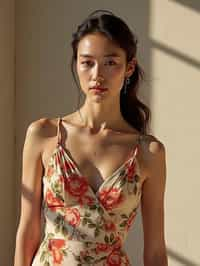 woman wearing silk floral dress  in try on fashion shoot for Zara Shein H&M