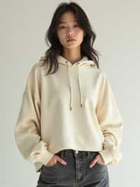 woman wearing cropped cream hoodie  in try on fashion shoot for Zara Shein H&M