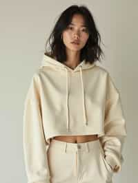 woman wearing cropped cream hoodie  in try on fashion shoot for Zara Shein H&M