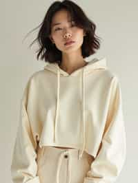 woman wearing cropped cream hoodie  in try on fashion shoot for Zara Shein H&M