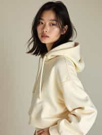 woman wearing cropped cream hoodie  in try on fashion shoot for Zara Shein H&M