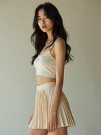 woman wearing crop top and short pleated skirt  in try on fashion shoot for Zara Shein H&M