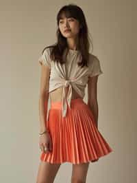 woman wearing crop top and short pleated skirt  in try on fashion shoot for Zara Shein H&M