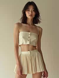 woman wearing crop top and short pleated skirt  in try on fashion shoot for Zara Shein H&M