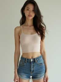 woman wearing crop top and denim shorts  in try on fashion shoot for Zara Shein H&M