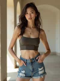 woman wearing crop top and denim shorts  in try on fashion shoot for Zara Shein H&M