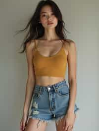 woman wearing crop top and denim shorts  in try on fashion shoot for Zara Shein H&M