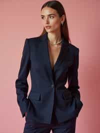 woman wearing navy colopink pants suit  in try on fashion shoot for Zara Shein H&M