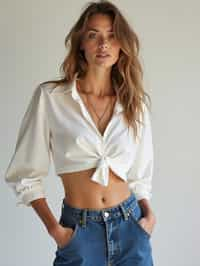 woman wearing white cropped blouse and denim jeans  in try on fashion shoot for Zara Shein H&M