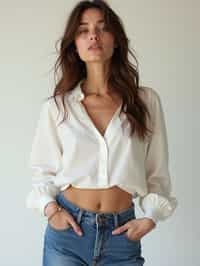 woman wearing white cropped blouse and denim jeans  in try on fashion shoot for Zara Shein H&M