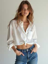 woman wearing white cropped blouse and denim jeans  in try on fashion shoot for Zara Shein H&M