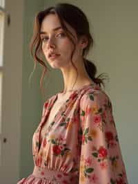 woman wearing silk floral dress  in try on fashion shoot for Zara Shein H&M