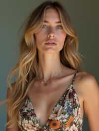 woman wearing silk floral dress  in try on fashion shoot for Zara Shein H&M