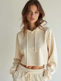 woman wearing cropped cream hoodie  in try on fashion shoot for Zara Shein H&M