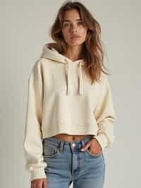 woman wearing cropped cream hoodie  in try on fashion shoot for Zara Shein H&M