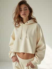 woman wearing cropped cream hoodie  in try on fashion shoot for Zara Shein H&M