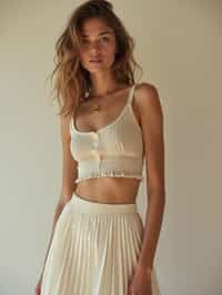 woman wearing crop top and short pleated skirt  in try on fashion shoot for Zara Shein H&M