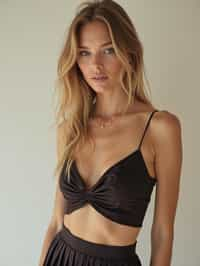 woman wearing crop top and short pleated skirt  in try on fashion shoot for Zara Shein H&M