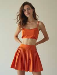 woman wearing crop top and short pleated skirt  in try on fashion shoot for Zara Shein H&M