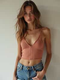 woman wearing crop top and denim shorts  in try on fashion shoot for Zara Shein H&M