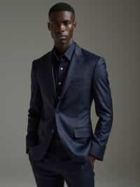 man wearing  navy colored suit in try on fashion shoot for Zara Shein H&M