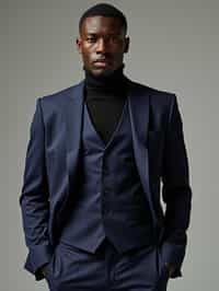 man wearing  navy colored suit in try on fashion shoot for Zara Shein H&M