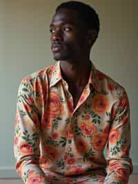 man wearing  floral silk shirt in try on fashion shoot for Zara Shein H&M