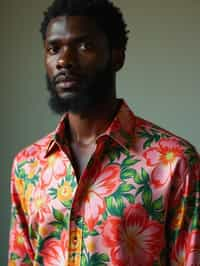 man wearing  floral silk shirt in try on fashion shoot for Zara Shein H&M