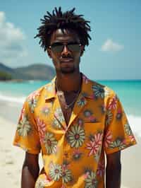 man wearing  hawaii shirt in try on fashion shoot for Zara Shein H&M