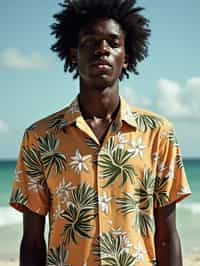 man wearing  hawaii shirt in try on fashion shoot for Zara Shein H&M