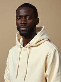 man wearing  cream hoodie in try on fashion shoot for Zara Shein H&M