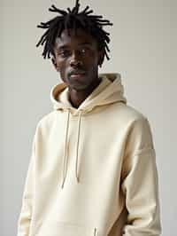 man wearing  cream hoodie in try on fashion shoot for Zara Shein H&M