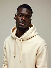 man wearing  cream hoodie in try on fashion shoot for Zara Shein H&M