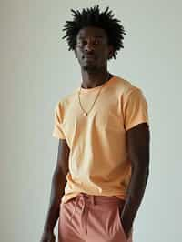 man wearing  t-shirt and pants in try on fashion shoot for Zara Shein H&M