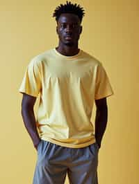 man wearing  t-shirt and gym shorts in try on fashion shoot for Zara Shein H&M