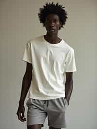 man wearing  t-shirt and gym shorts in try on fashion shoot for Zara Shein H&M