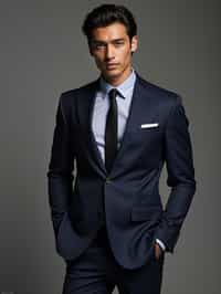 man wearing  navy colored suit in try on fashion shoot for Zara Shein H&M