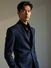 man wearing  navy colored suit in try on fashion shoot for Zara Shein H&M