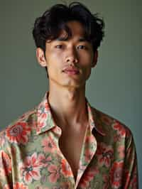 man wearing  floral silk shirt in try on fashion shoot for Zara Shein H&M