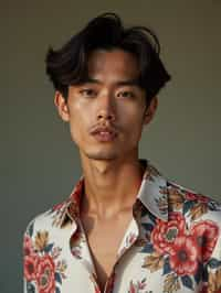 man wearing  floral silk shirt in try on fashion shoot for Zara Shein H&M