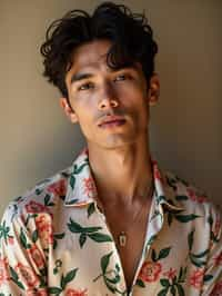 man wearing  floral silk shirt in try on fashion shoot for Zara Shein H&M